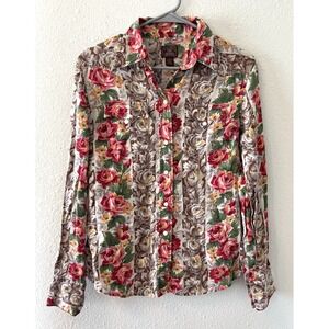 Vintage Lucky Brand Women's Pearl Snap Size Medium Linen Floral Western Y2K